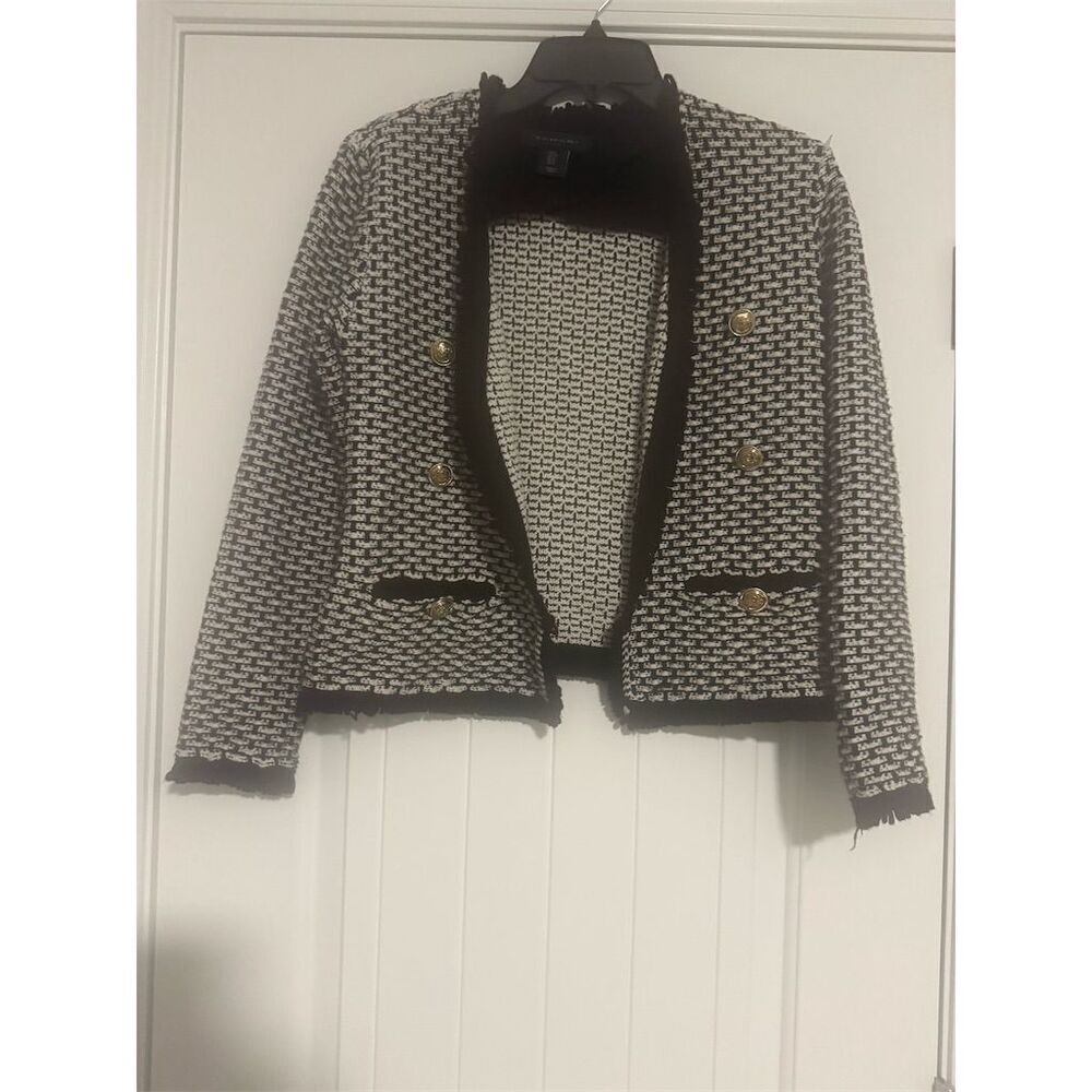 Tahari Women's Black Knit Cardigan Jacket M Open Front Gold Buttons - Picture 3 of 4